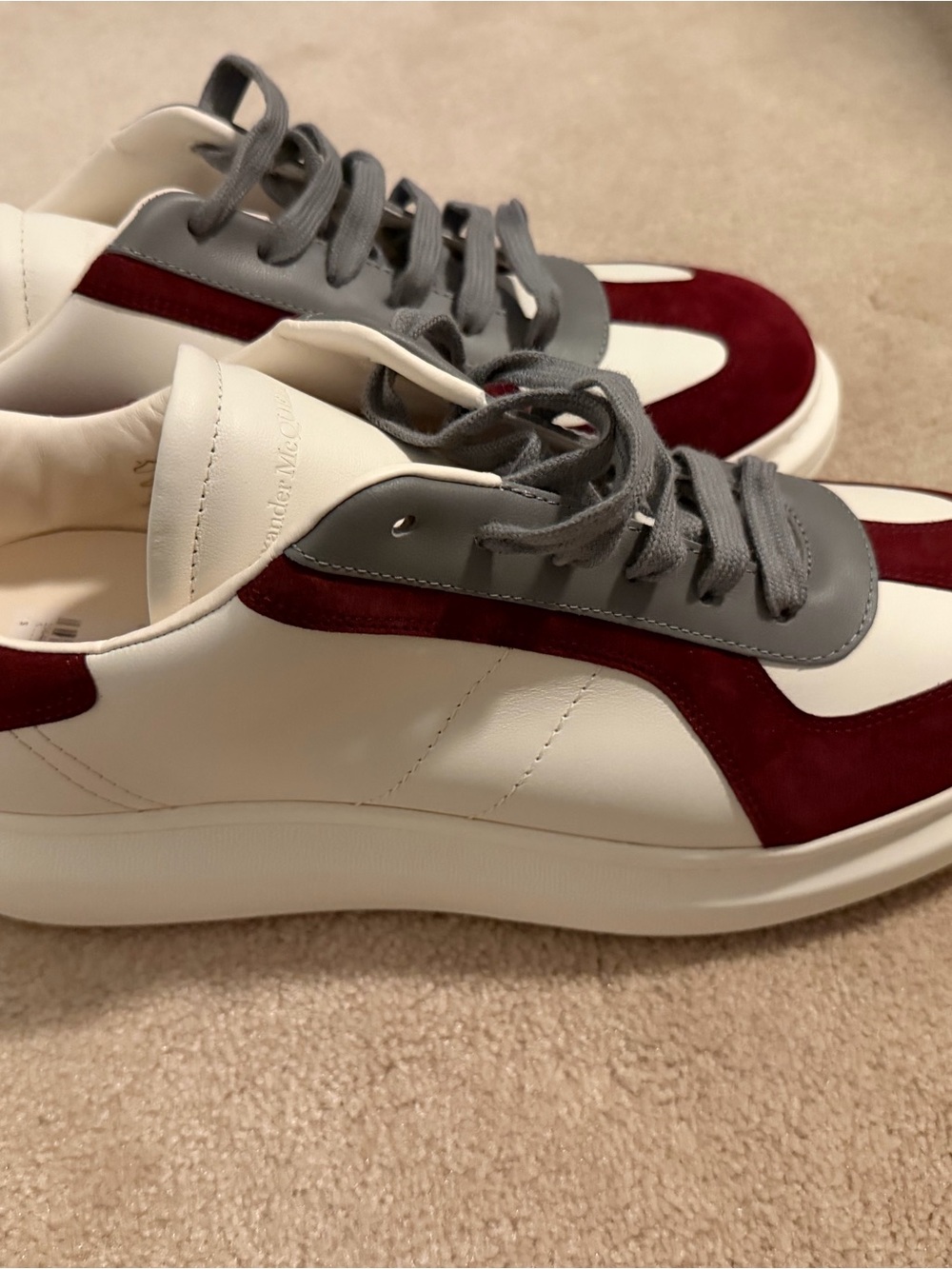 Alexander McQueen White Leather Sneakers with Burgundy Suede & Gray Details